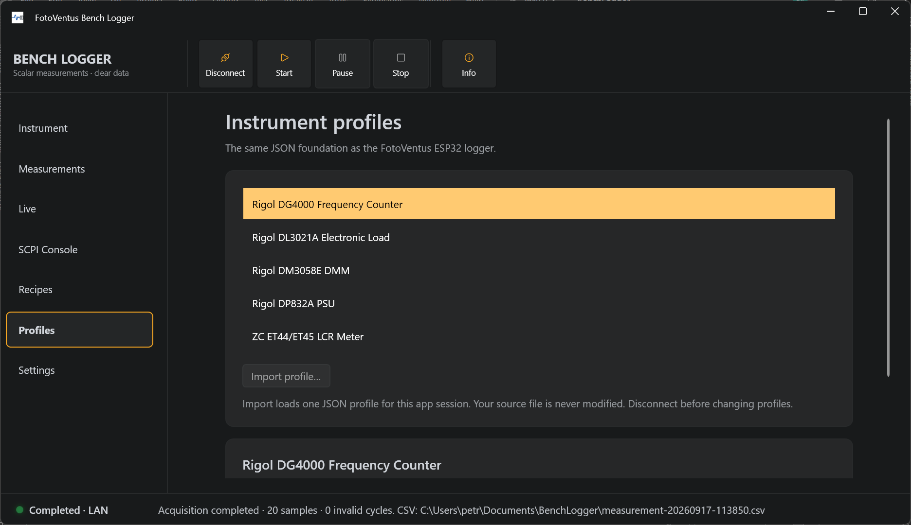 Bench Logger Profiles screen for selecting and importing instrument profiles