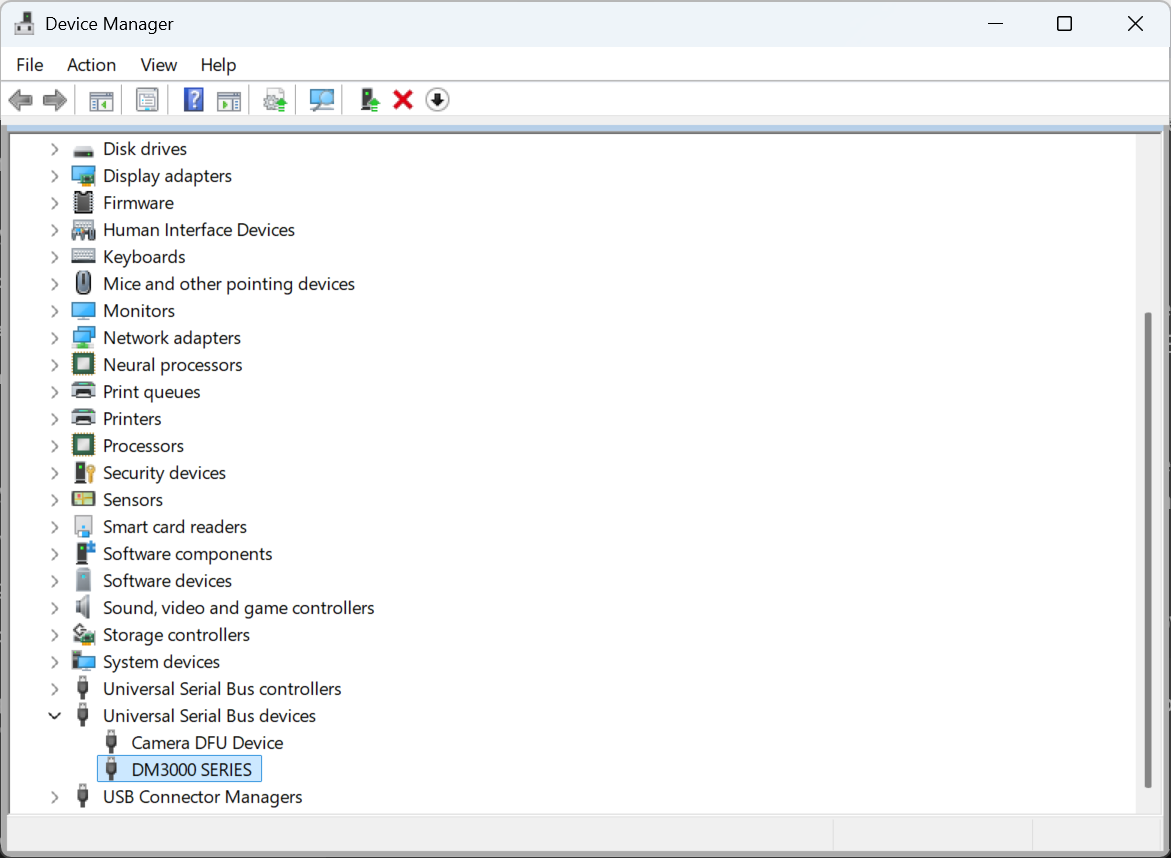 Device Manager: DM3000 SERIES under Universal Serial Bus devices without a warning icon