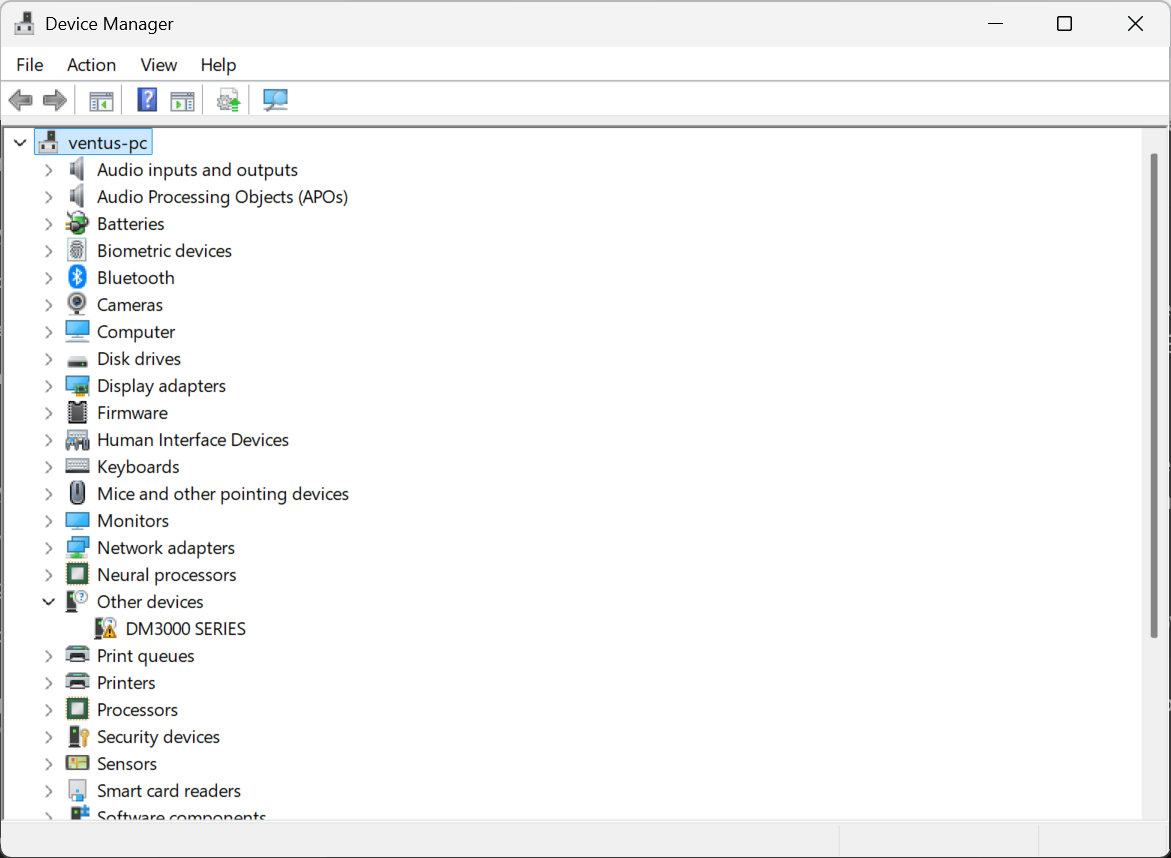 Device Manager: DM3000 SERIES under Other devices with a yellow warning icon
