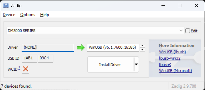 Zadig: DM3000 SERIES selected, USB ID 1AB1 09C4, current driver NONE and target driver WinUSB