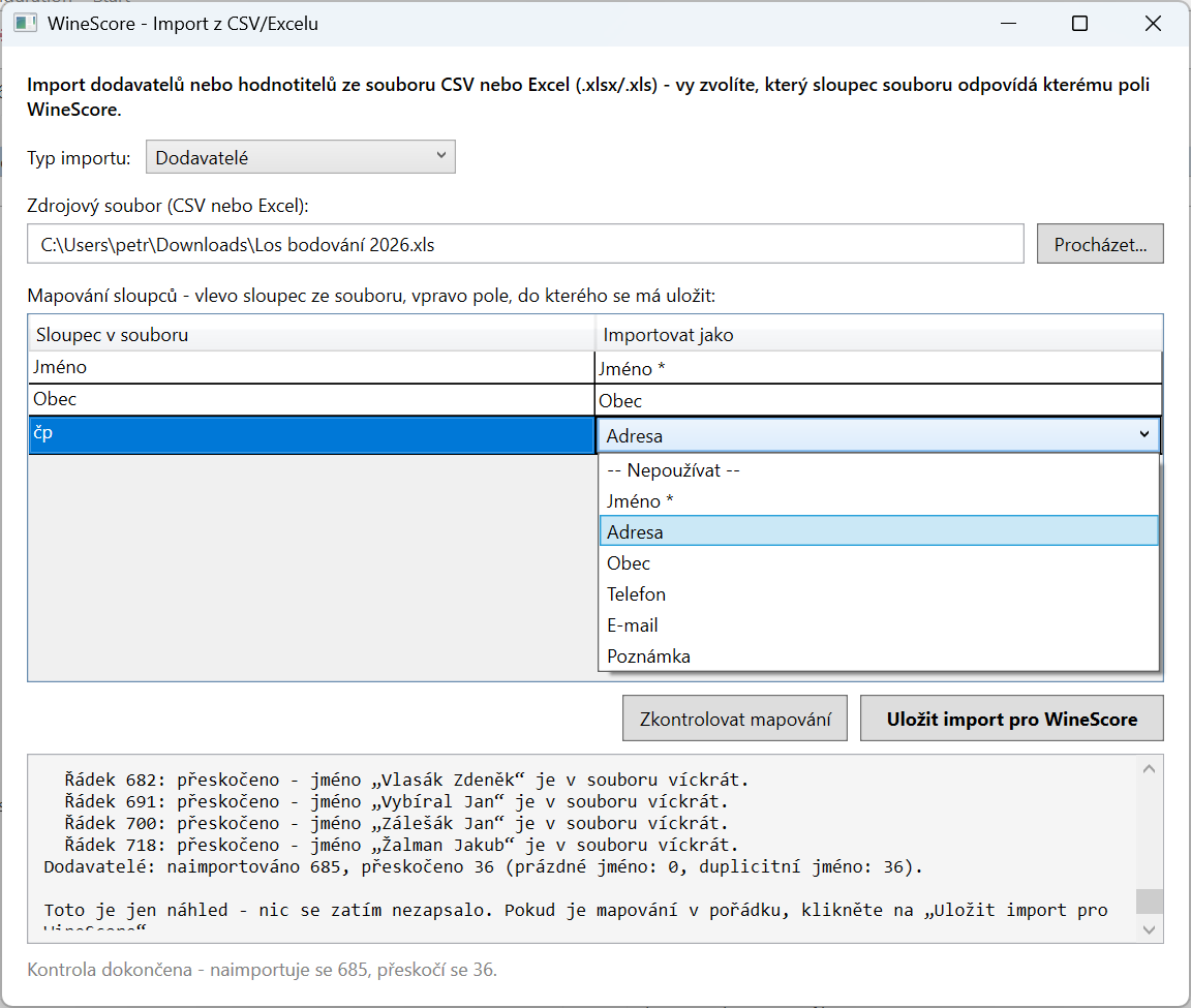Okno nástroje WineScore – Import z CSV/Excel